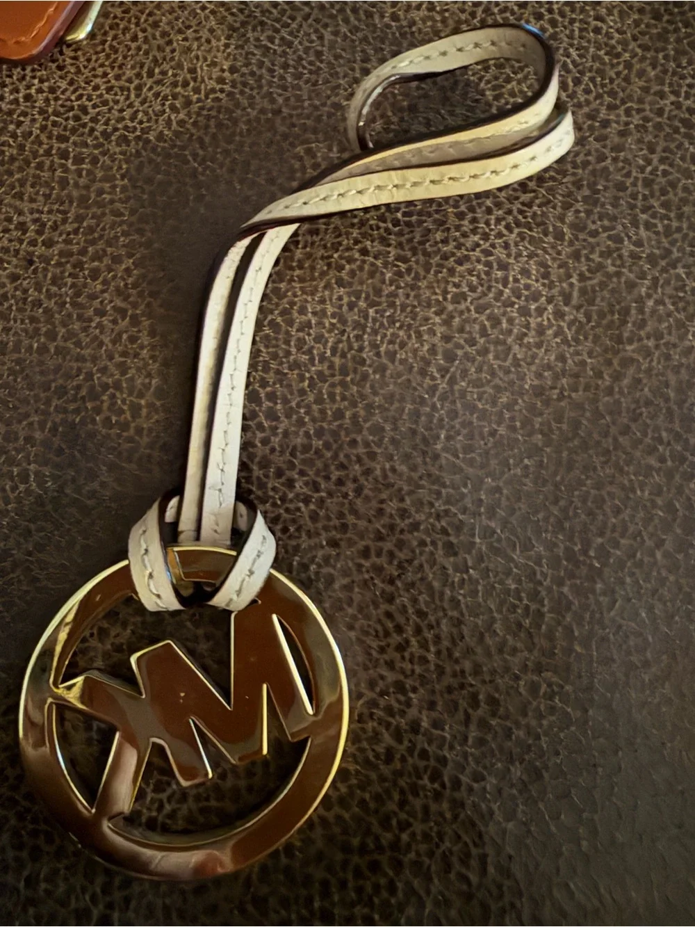 Michael Kors White Leather Strap Bag Charm with Gold MK Pendant